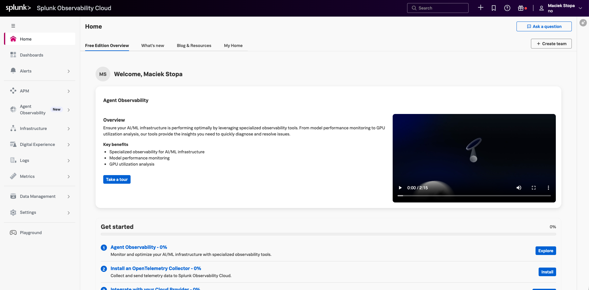 Home page of a fresh Splunk Observability Cloud trial org, with the left navigation rail and the Get started checklist
