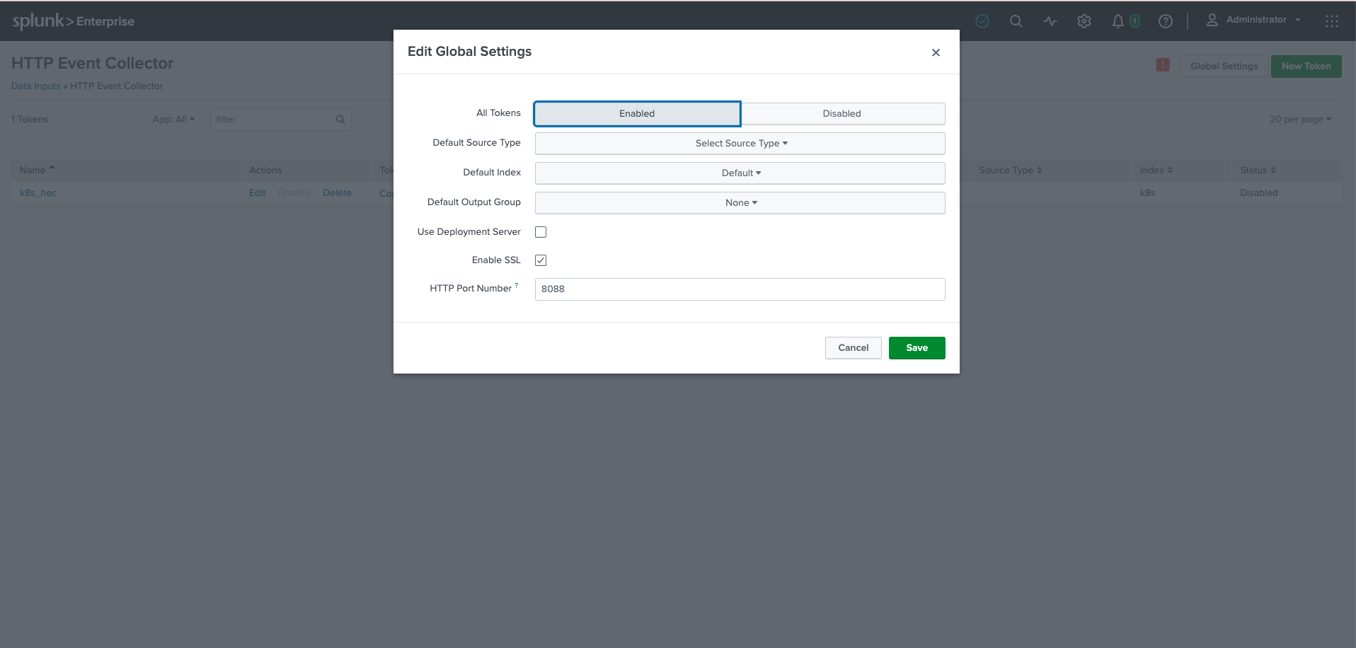 Edit Global Settings dialog for HTTP Event Collector in Splunk Enterprise, with All Tokens set to Enabled, SSL on and port 8088