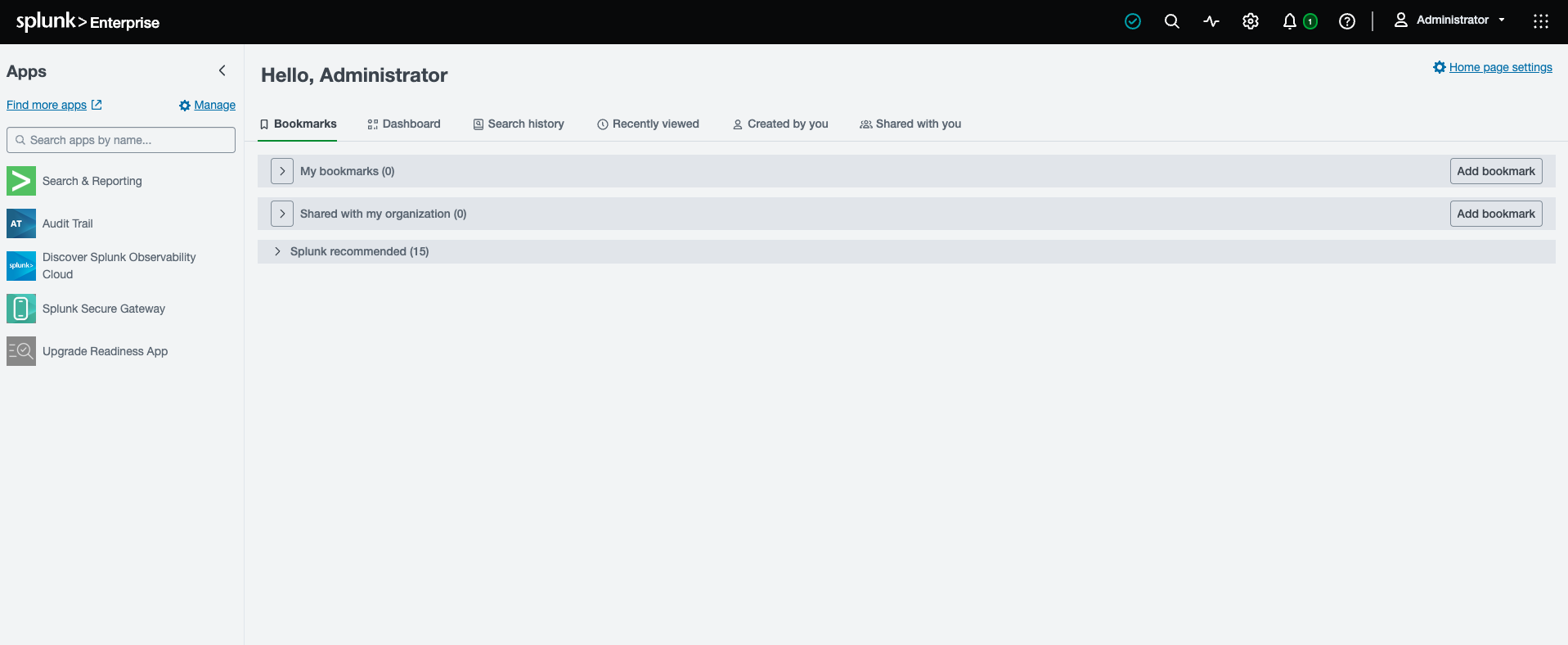 Splunk Enterprise home page after a local installation, with the Apps list on the left and the Hello, Administrator greeting