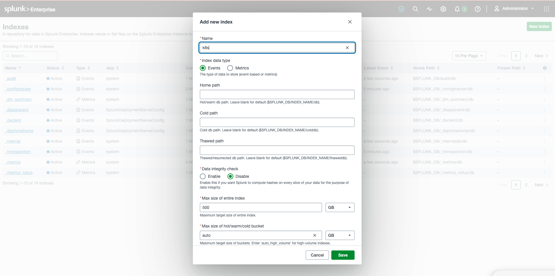 Add new index dialog in Splunk Enterprise with the name k8s typed in and the index data type set to Events