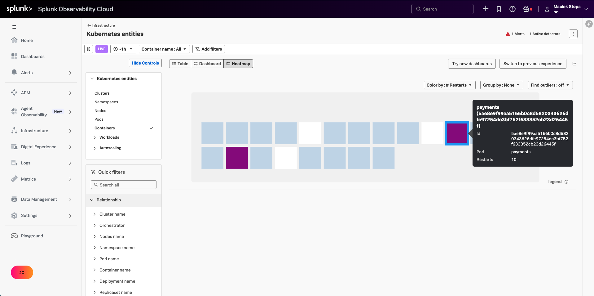 Kubernetes entities page in Splunk Observability Cloud with entity types in the left rail, Relationship filters for cluster, node, namespace, pod and container, and Table, Dashboard and Heatmap toggles