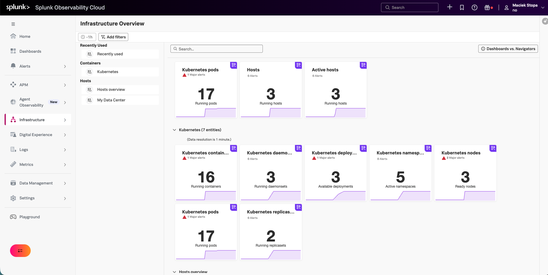 Infrastructure Overview in Splunk Observability Cloud with Kubernetes navigator tiles for pods, containers, daemonsets, replicasets, deployments, namespaces and nodes, several showing Major alert counts